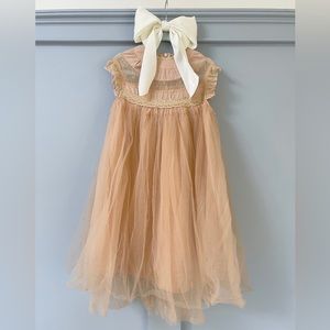 Dusty Butterscotch Colored Detail Empire Waist Puffy Party Dress | Girl Size 6-8